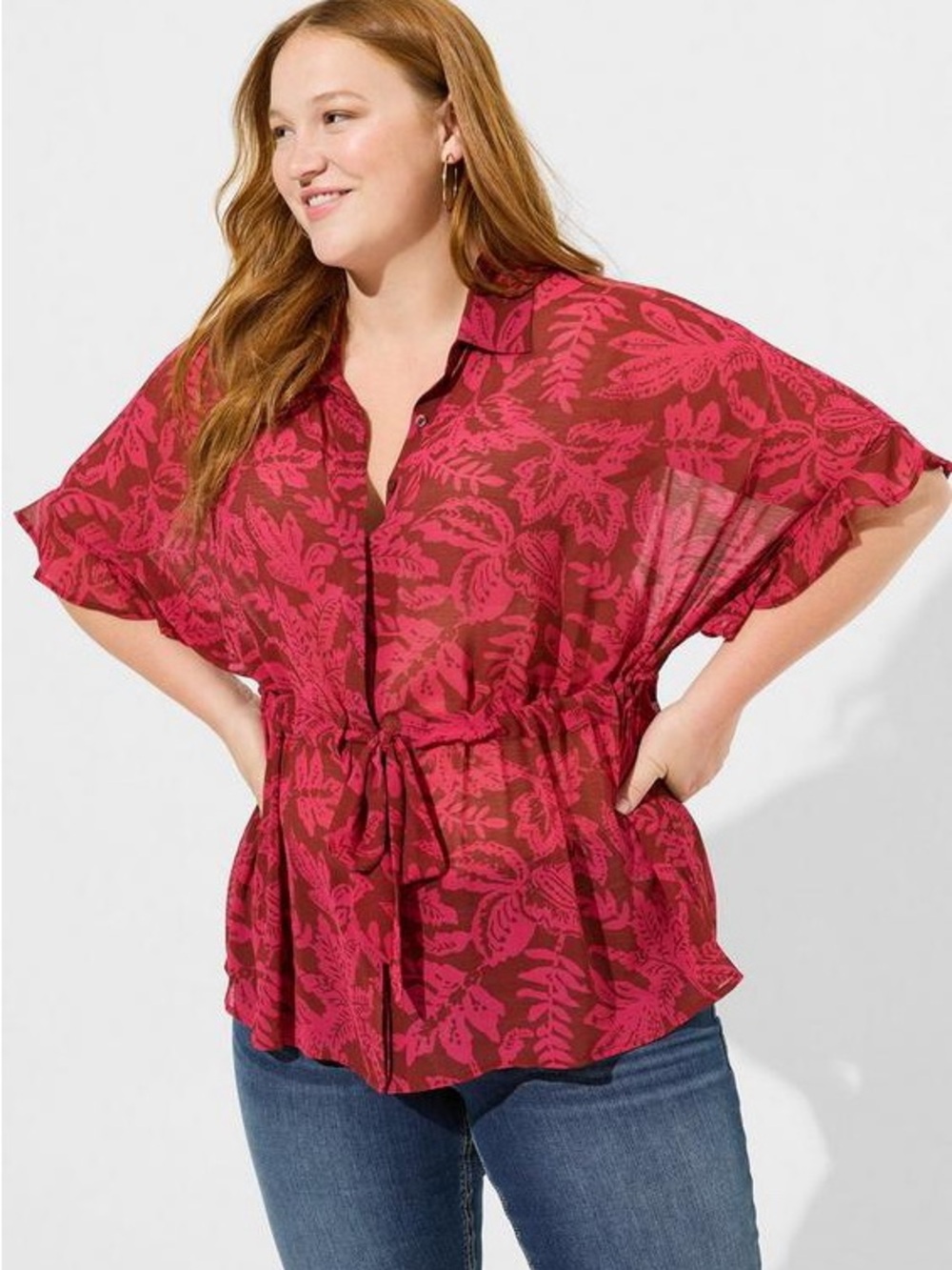 Torrid Womens Chiffon Dolman Button Up Short Sleeve Floral Leaf Print Top 1 1X